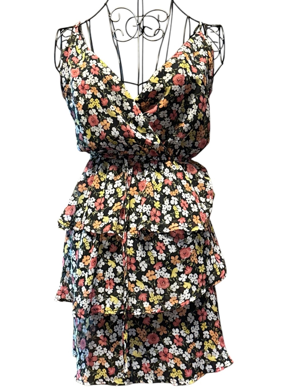 Trixxi Black Floral Tiered Ruffle Mini Dress with Pink & Yellow Flowers